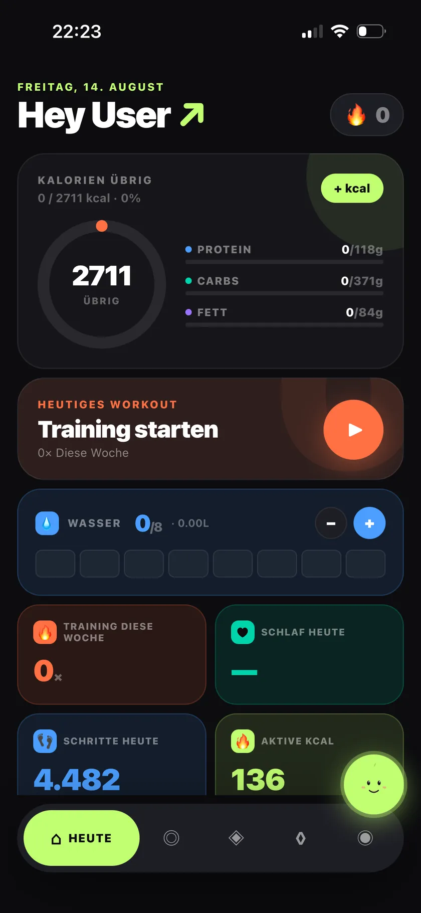 Tagesübersicht der Flyna-App mit Kalorienring, Makronährstoffen, Wasserzähler, Schritten und aktiven Kalorien