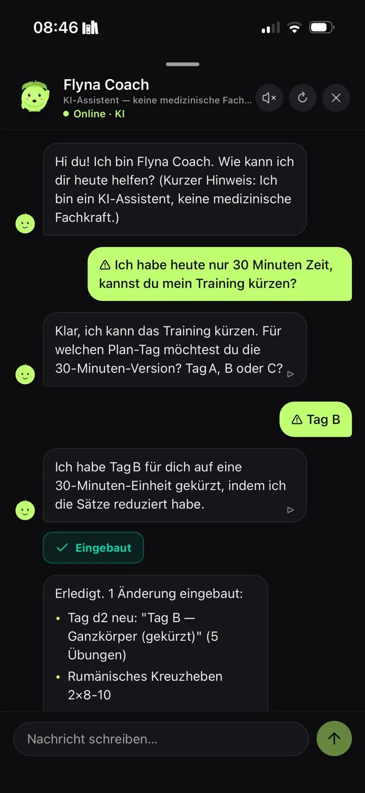 Flyna Coach kürzt auf Nachfrage das heutige Training auf 30 Minuten und baut die Änderung direkt in den Plan ein