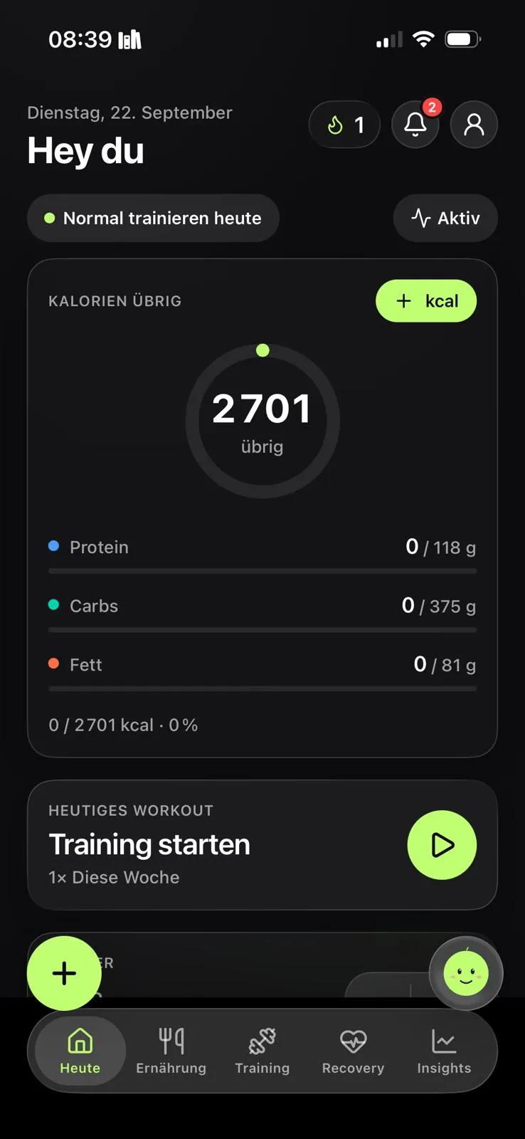 Startseite der Flyna-App mit Tagesbegrüßung, Kalorienring (2701 kcal übrig), Protein-, Carbs- und Fett-Zielen und der Karte „Training starten“