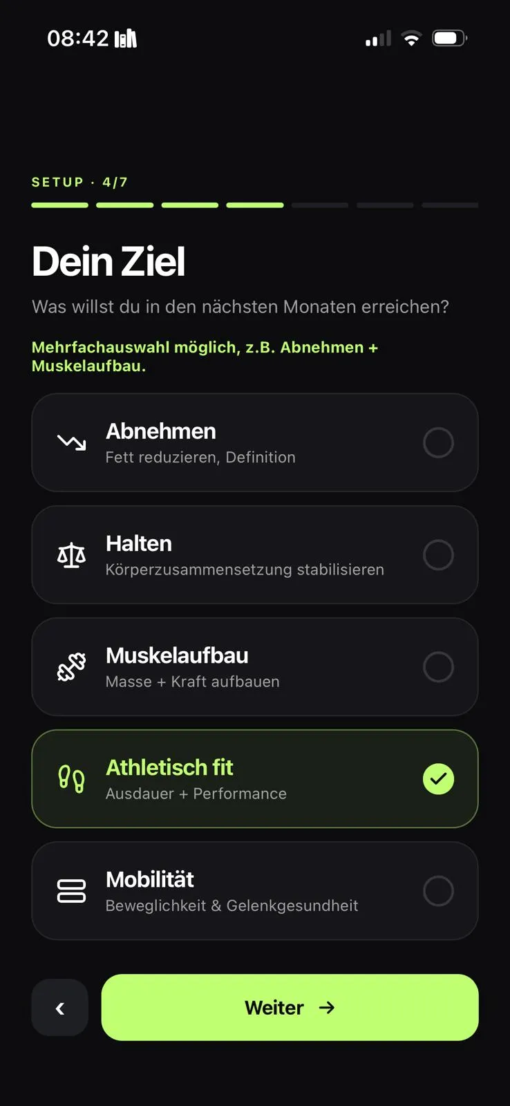 Schritt 4 von 7 im Flyna-Setup: Auswahl des Ziels zwischen Abnehmen, Halten, Muskelaufbau, Athletisch fit und Mobilität