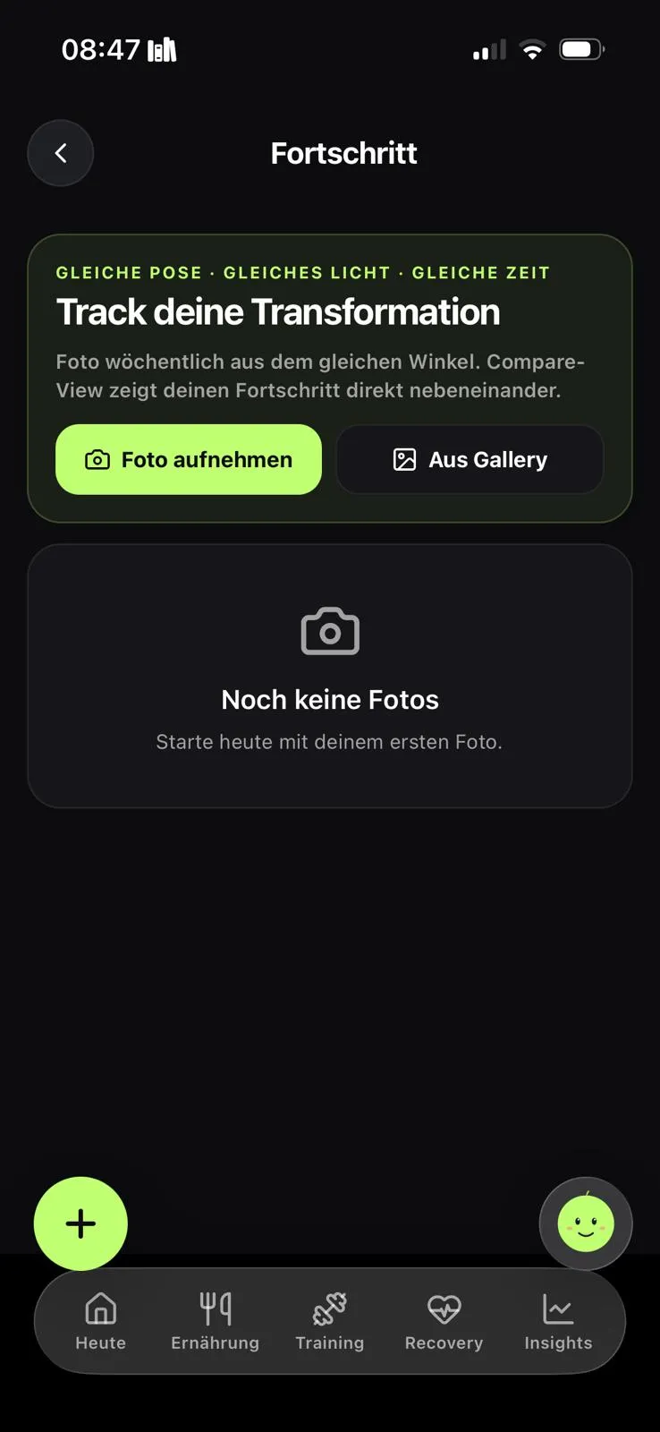 Fortschrittsbereich der Flyna-App zum Aufnehmen wöchentlicher Vergleichsfotos aus demselben Winkel