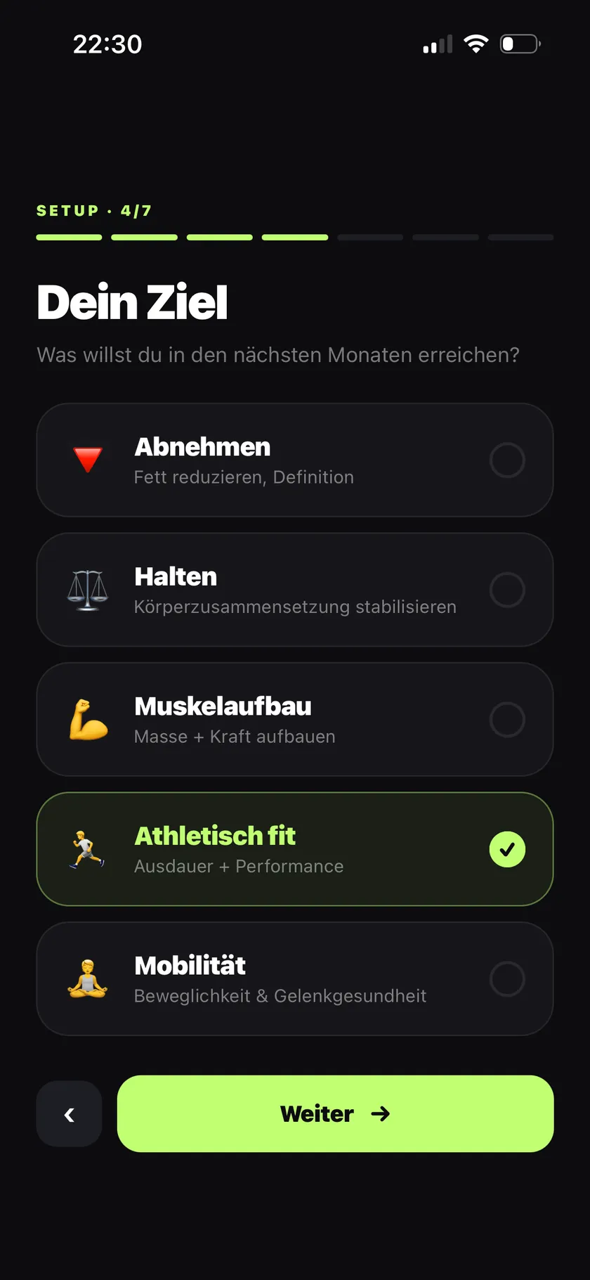 Schritt 4 von 7 im Flyna-Setup: Auswahl des Ziels zwischen Abnehmen, Halten, Muskelaufbau, Athletisch fit und Mobilität