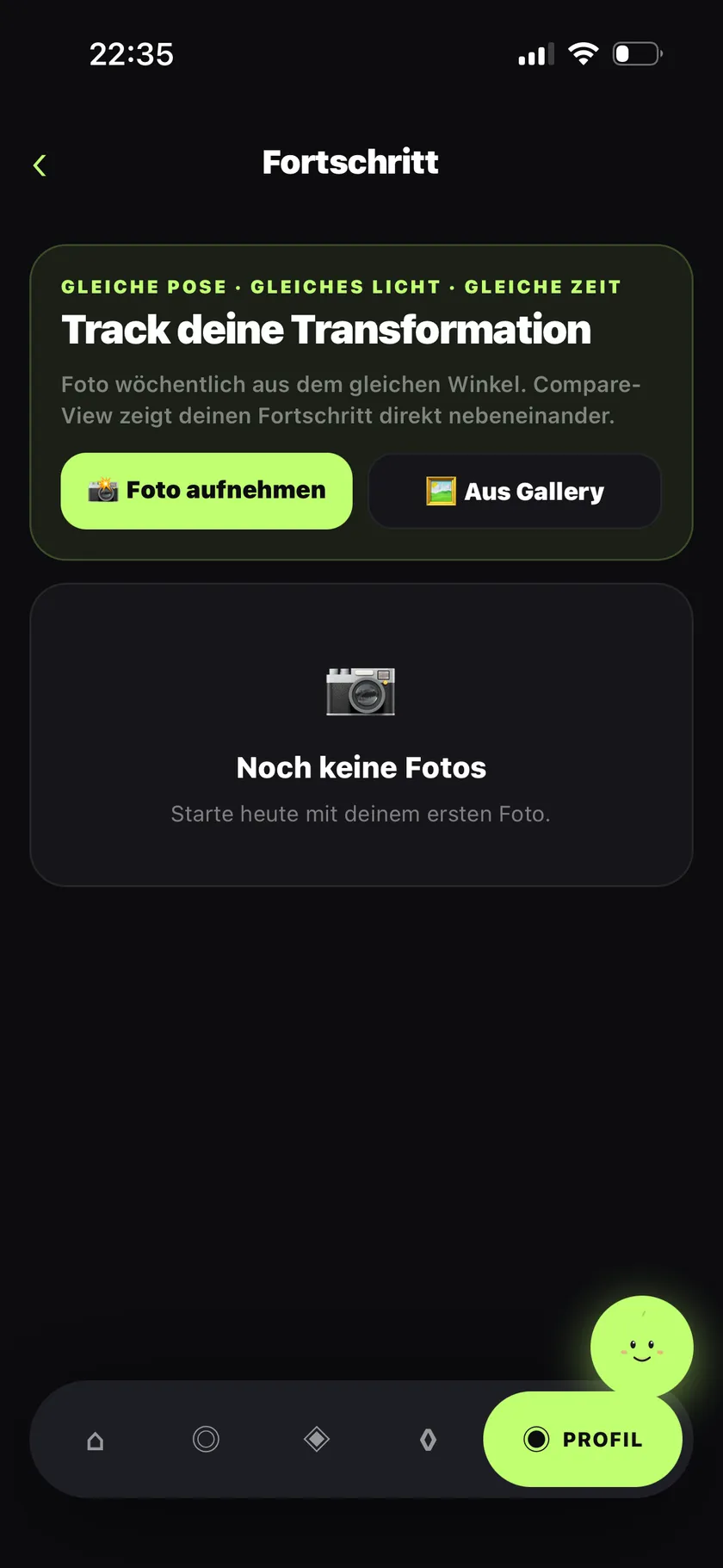 Fortschrittsbereich der Flyna-App zum Aufnehmen wöchentlicher Vergleichsfotos aus demselben Winkel